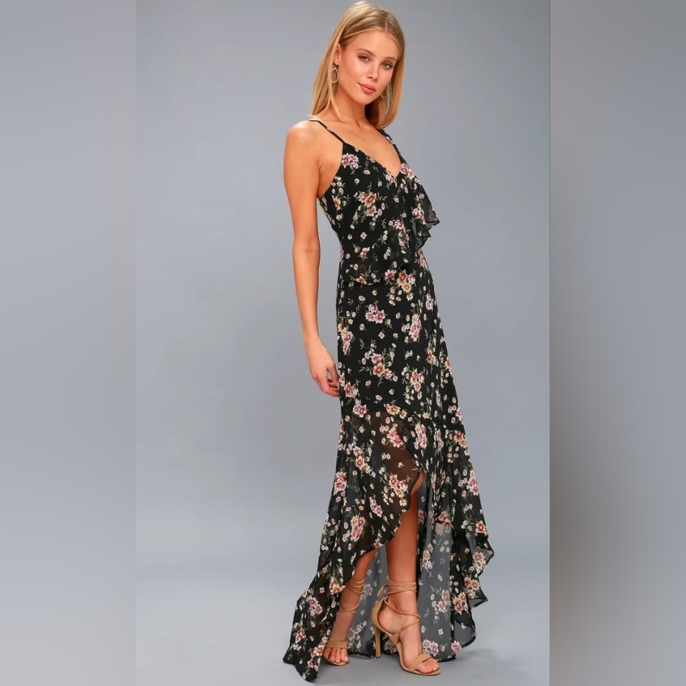 NWT LULUS Harmonia Black Floral Print High-Low Maxi Dress SIZE XS - Picture 3 of 6